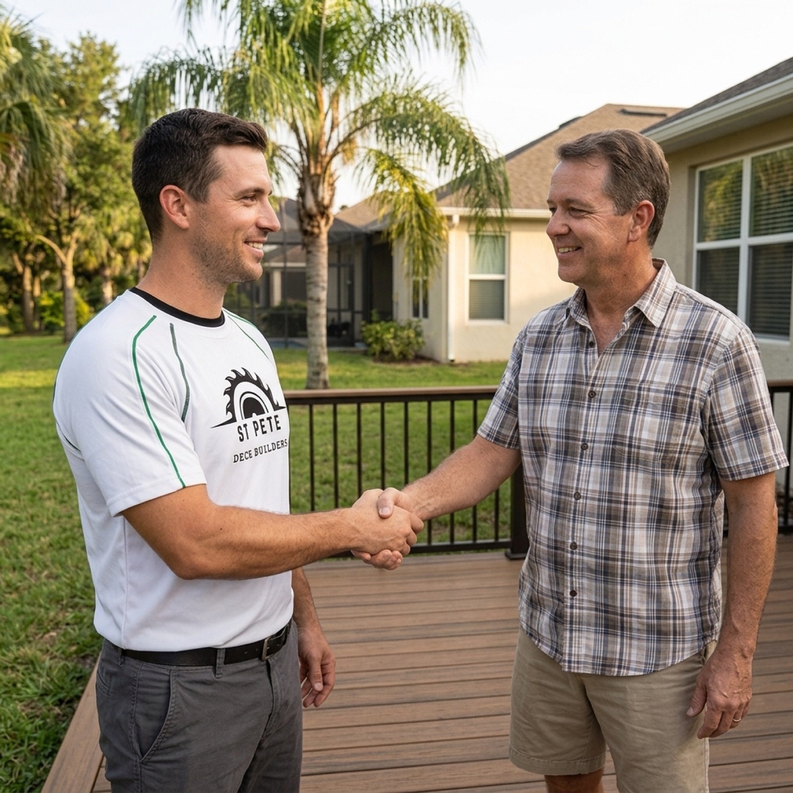 St Pete Deck Builders shaking hands with a happy homeowner after a finished project