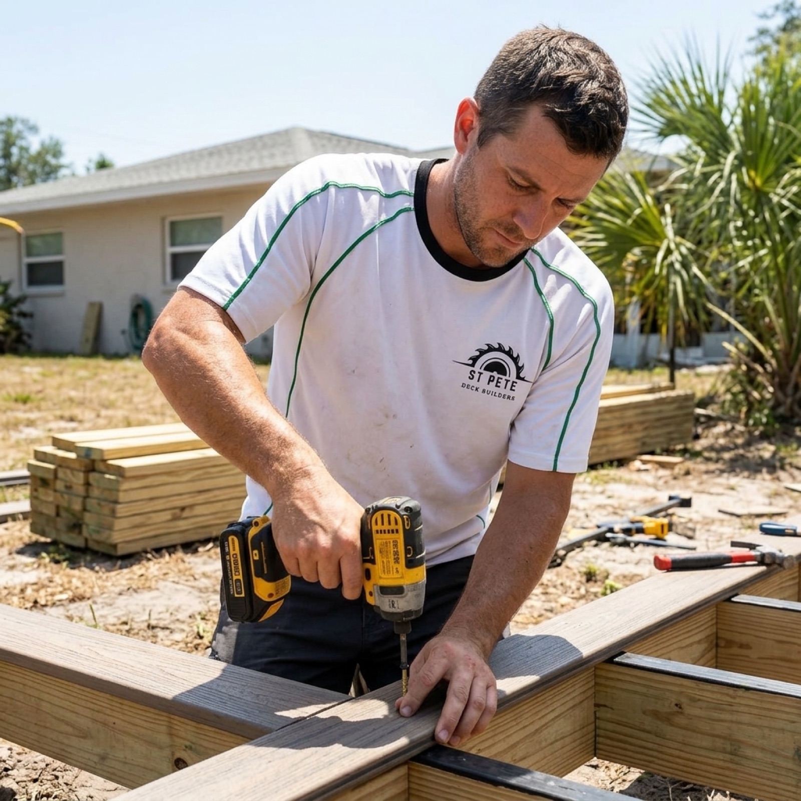 Deck builder installing composite boards in Gulfport FL