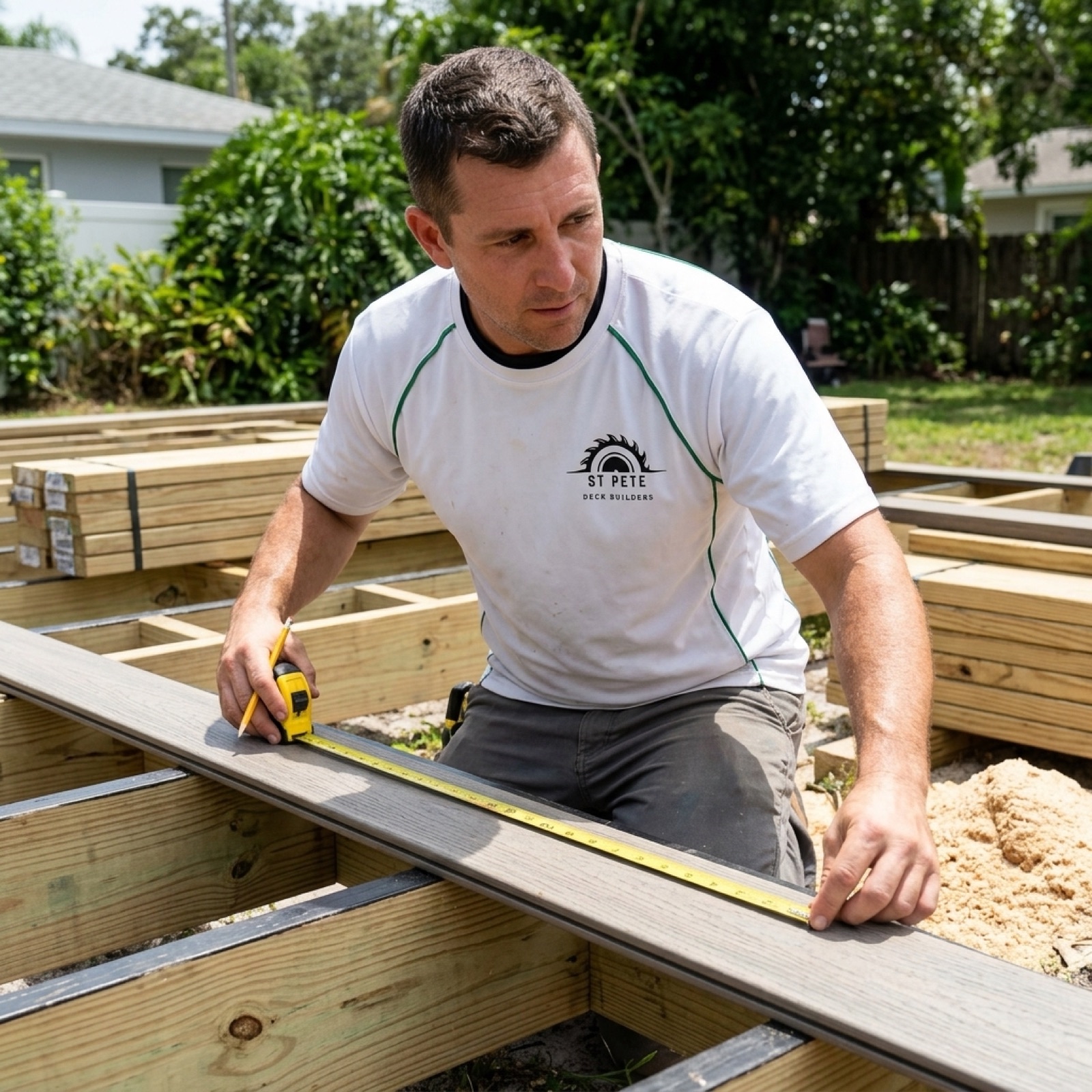 St Pete Deck Builders measuring for a multi-level deck layout