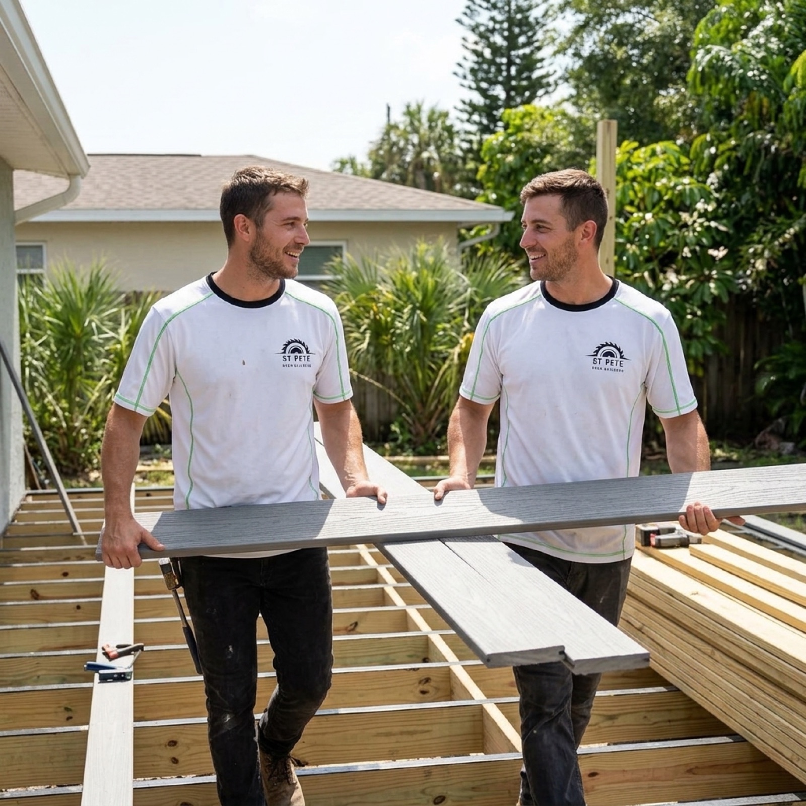 Deck crew carrying lumber at a Largo FL home