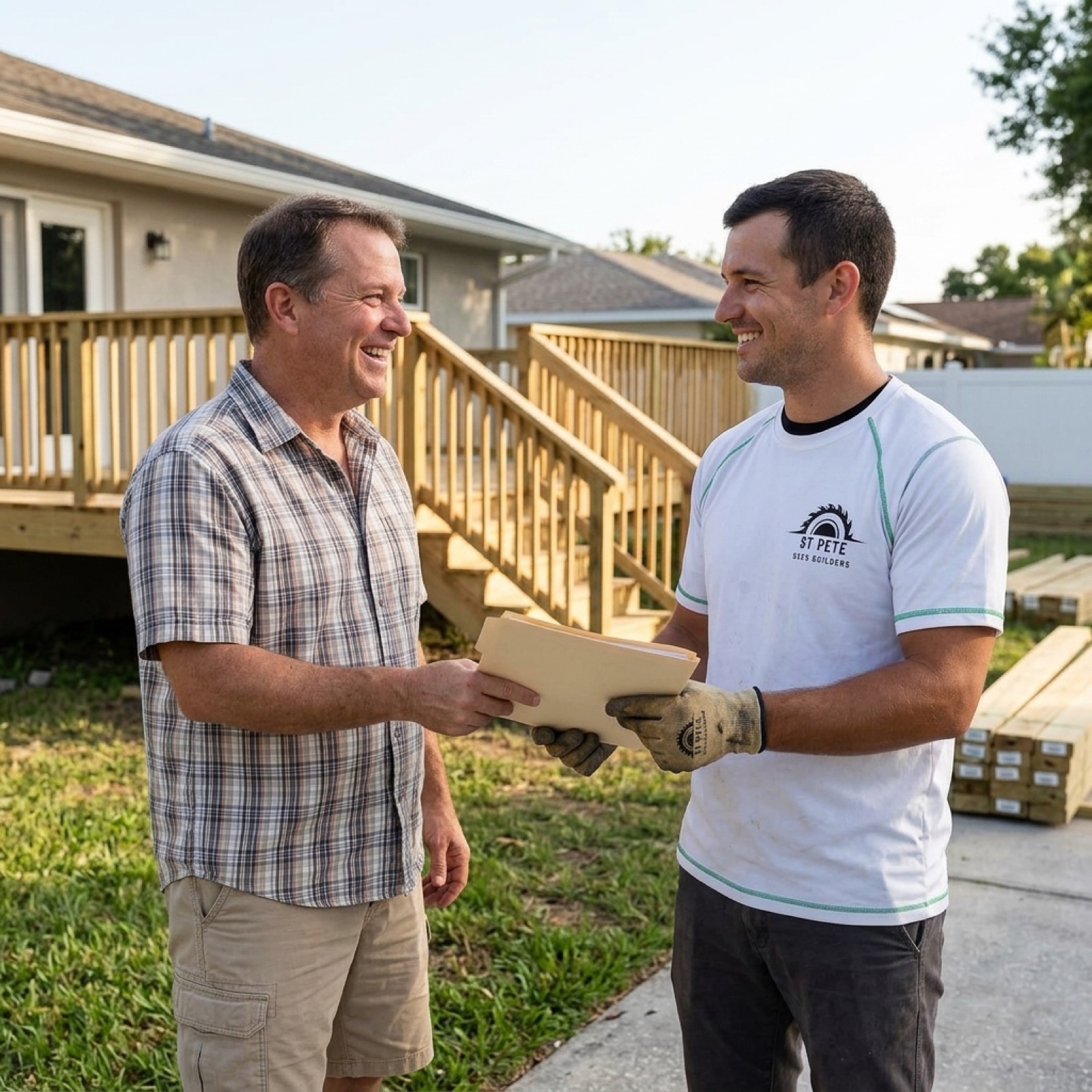 Reviewing deck permit paperwork with a homeowner in St. Petersburg FL