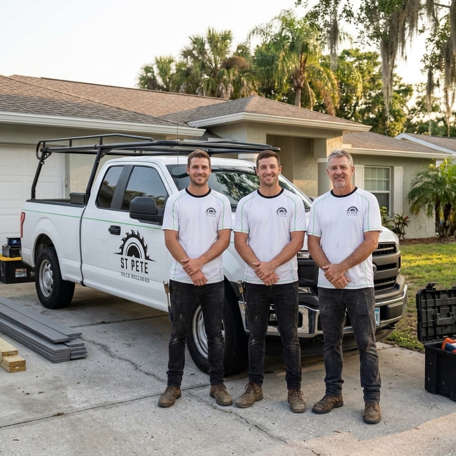 St Pete Deck Builders crew and truck at a Largo FL job site