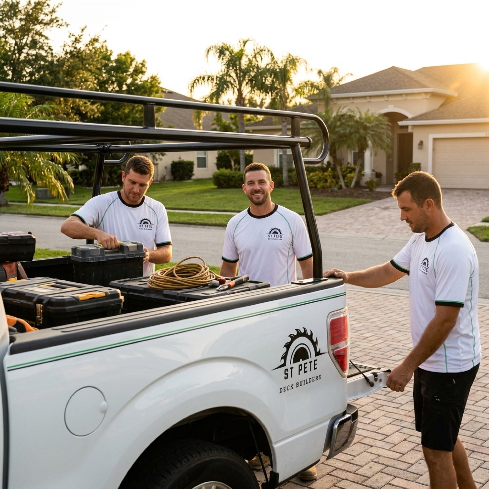 St Pete Deck Builders truck at a St. Petersburg job site
